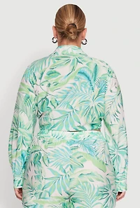 Womens Plus Size Tropical Floral Tie Front Long Sleeve Crop Top, Green, Size 1X
