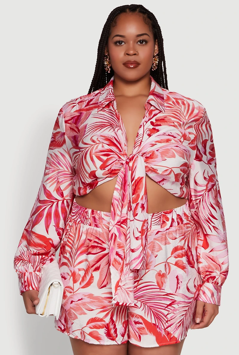 Womens Plus Size Tropical Floral Tie Front Long Sleeve Crop Top, Red, Size 3X