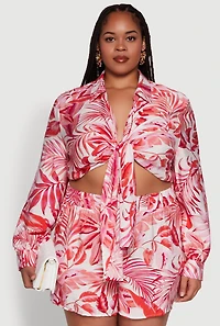 Womens Plus Size Tropical Floral Tie Front Long Sleeve Crop Top, Red, Size 3X