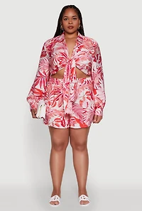 Womens Plus Size Tropical Floral Tie Front Long Sleeve Crop Top, Red, Size 3X