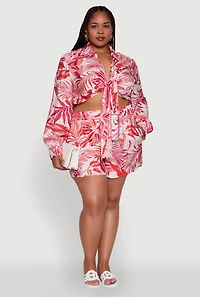 Womens Plus Size Tropical Floral Tie Front Long Sleeve Crop Top, Red, Size 3X