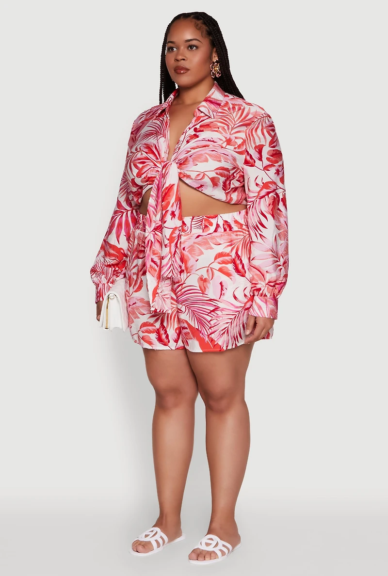 Womens Plus Size Tropical Floral Tie Front Long Sleeve Crop Top, Red, Size 3X