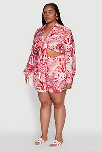 Womens Plus Size Tropical Floral Tie Front Long Sleeve Crop Top, Red, Size 3X