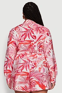 Womens Plus Size Tropical Floral Tie Front Long Sleeve Crop Top, Red, Size 3X