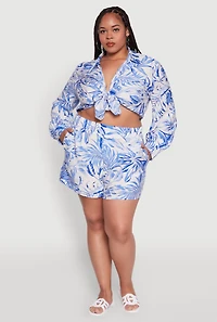 Womens Plus Tropical Floral Tie Front Long Sleeve Crop Top, Blue,