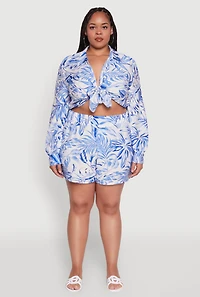 Womens Plus Tropical Floral Tie Front Long Sleeve Crop Top, Blue,