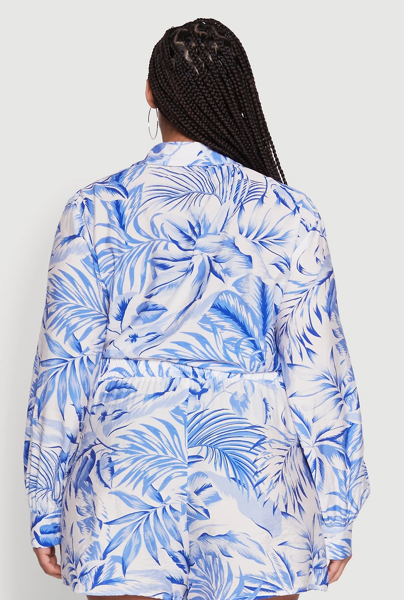 Womens Plus Tropical Floral Tie Front Long Sleeve Crop Top, 3X