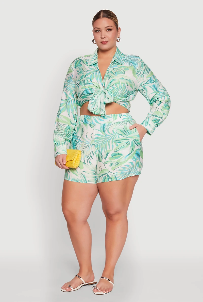 Womens Plus Size Trendy High Waisted Leaf Print Shorts, Multi, Size 3X