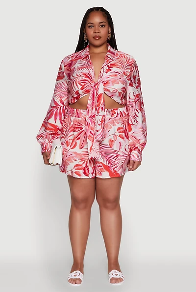 Plus Trendy High Waisted Leaf Print Shorts