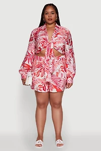 Plus Trendy High Waisted Leaf Print Shorts