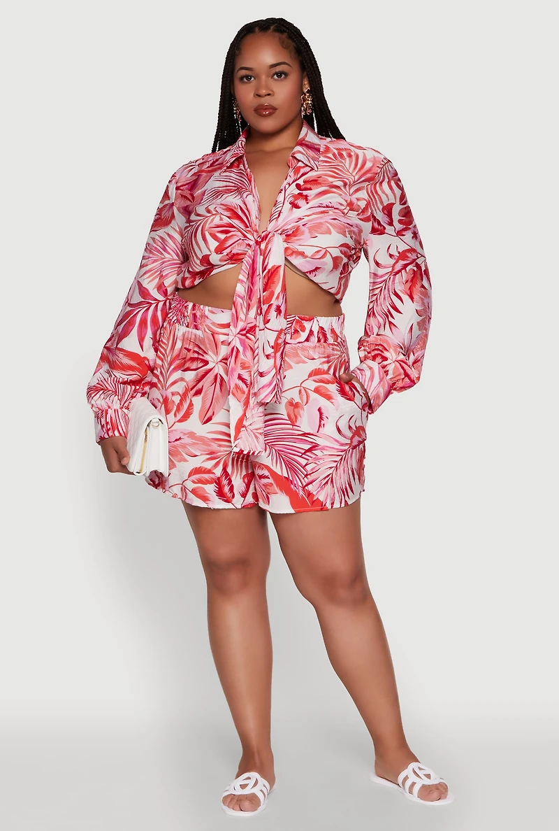 Womens Plus Size Trendy High Waisted Leaf Print Shorts, Multi, Size 1X