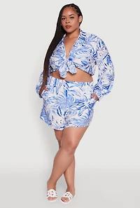 Womens Plus Trendy High Waisted Leaf Print Shorts, 1X