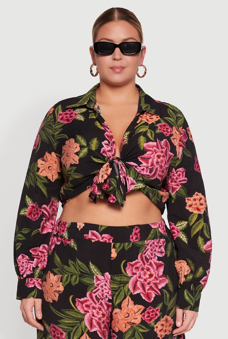 Womens Plus Floral Long Sleeve Tie Front Crop Top,