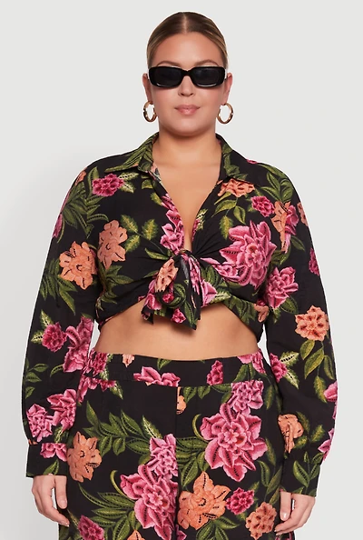 Womens Plus Floral Long Sleeve Tie Front Crop Top,