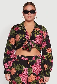 Womens Plus Floral Long Sleeve Tie Front Crop Top,