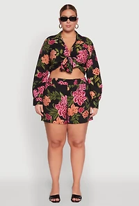 Womens Plus Floral Long Sleeve Tie Front Crop Top,