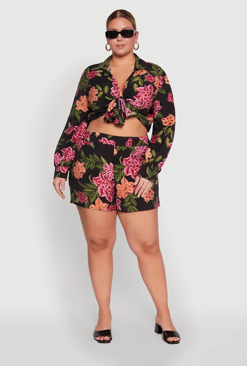 Womens Plus Floral Long Sleeve Tie Front Crop Top, Multi,