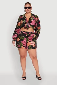 Womens Plus Floral Long Sleeve Tie Front Crop Top, Multi,