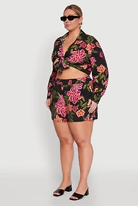 Womens Plus Floral Long Sleeve Tie Front Crop Top, Multi,