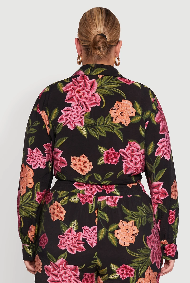 Womens Plus Floral Long Sleeve Tie Front Crop Top, Multi,