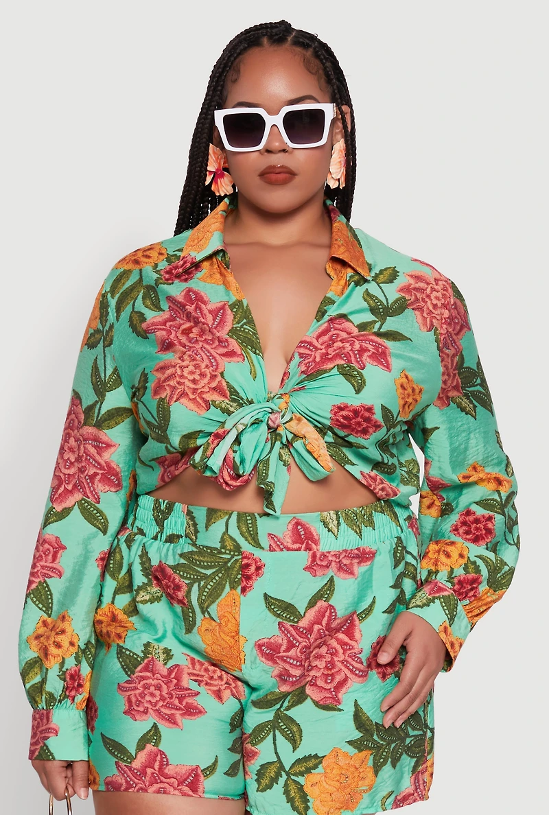 Plus Floral Long Sleeve Tie Front Crop Top