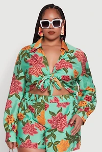 Plus Floral Long Sleeve Tie Front Crop Top