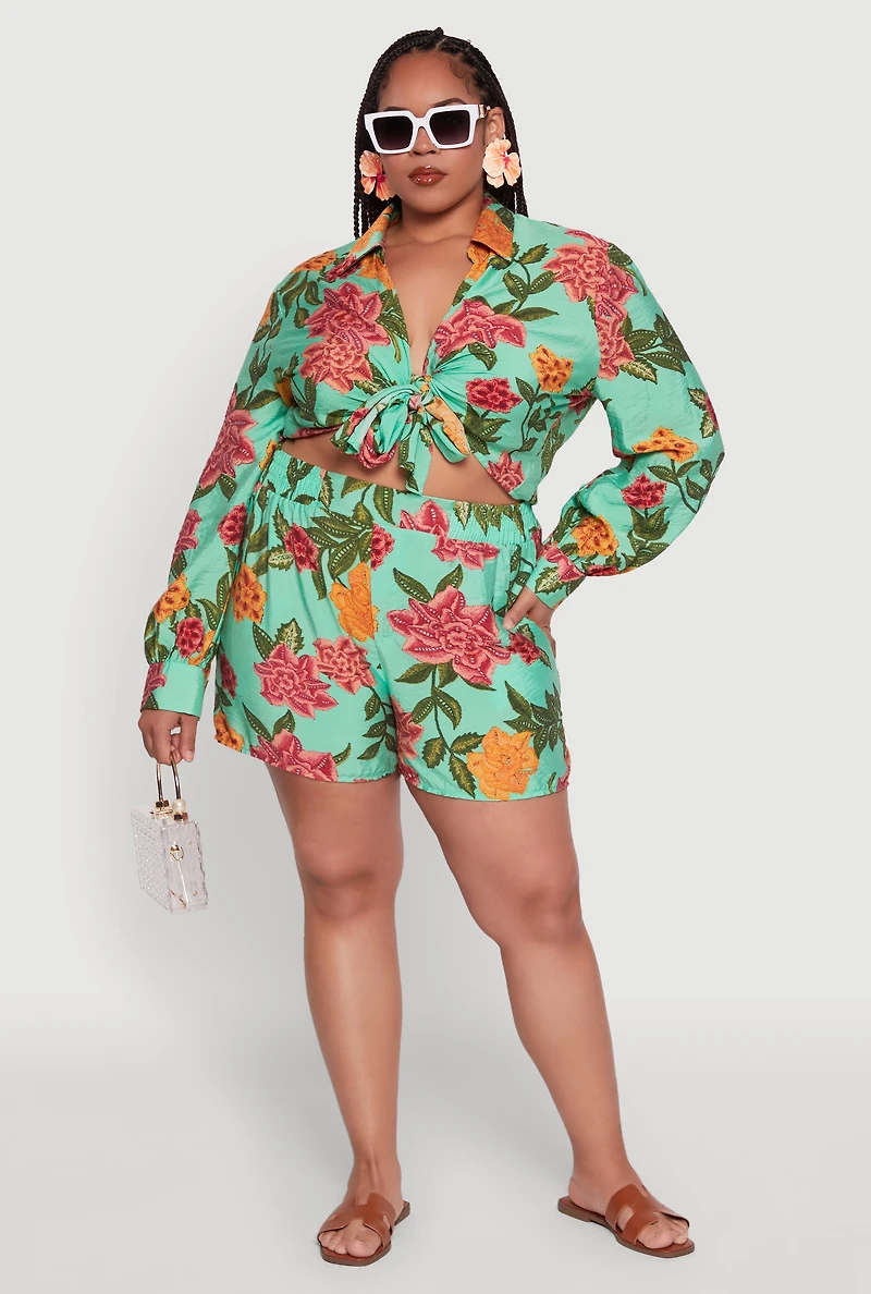 Womens Plus Floral Long Sleeve Tie Front Crop Top, 1X