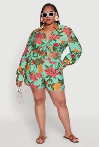 Womens Plus Floral Long Sleeve Tie Front Crop Top, 1X
