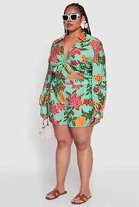 Womens Plus Size Floral Long Sleeve Tie Front Crop Top, Multi, Size 1X