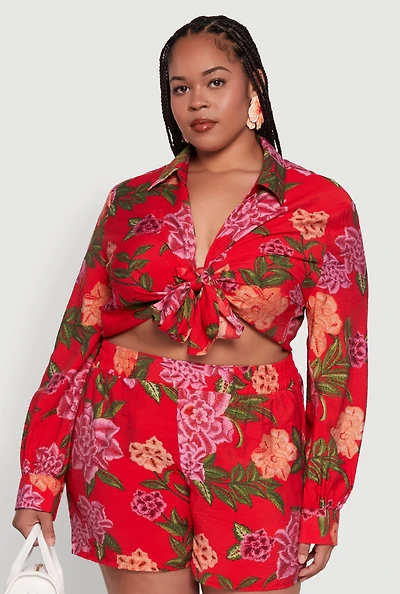 Womens Plus Size Floral Long Sleeve Tie Front Crop Top, Red, Size 1X