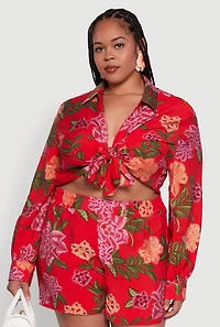 Womens Plus Size Floral Long Sleeve Tie Front Crop Top, Red, Size 1X