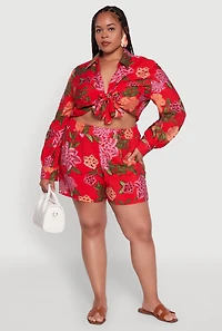 Womens Plus Size Floral Long Sleeve Tie Front Crop Top, Red, Size 1X