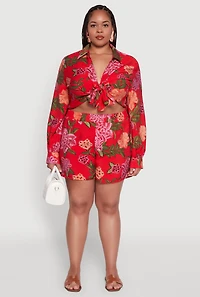 Womens Plus Size Floral Long Sleeve Tie Front Crop Top, Red, Size 1X