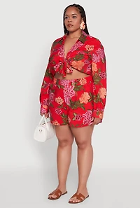Womens Plus Size Floral Long Sleeve Tie Front Crop Top, Red, Size 1X