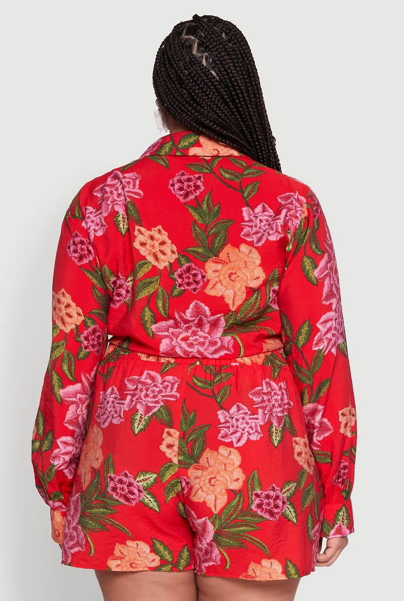 Womens Plus Size Floral Long Sleeve Tie Front Crop Top, Red, Size 3X