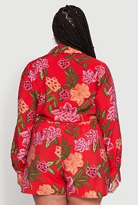 Womens Plus Size Floral Long Sleeve Tie Front Crop Top, Red, Size 1X