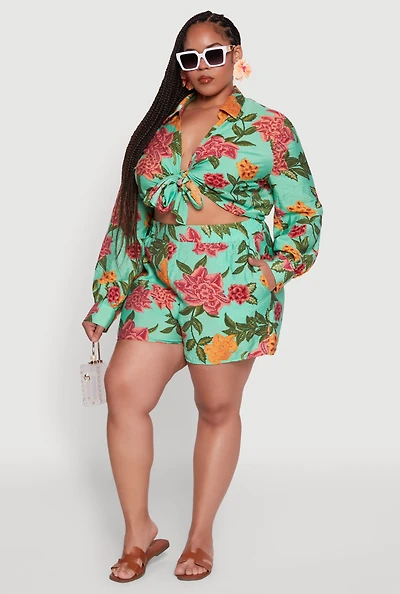 Womens Plus Size Floral High Waisted Pull On Shorts, Multi, Size 3X