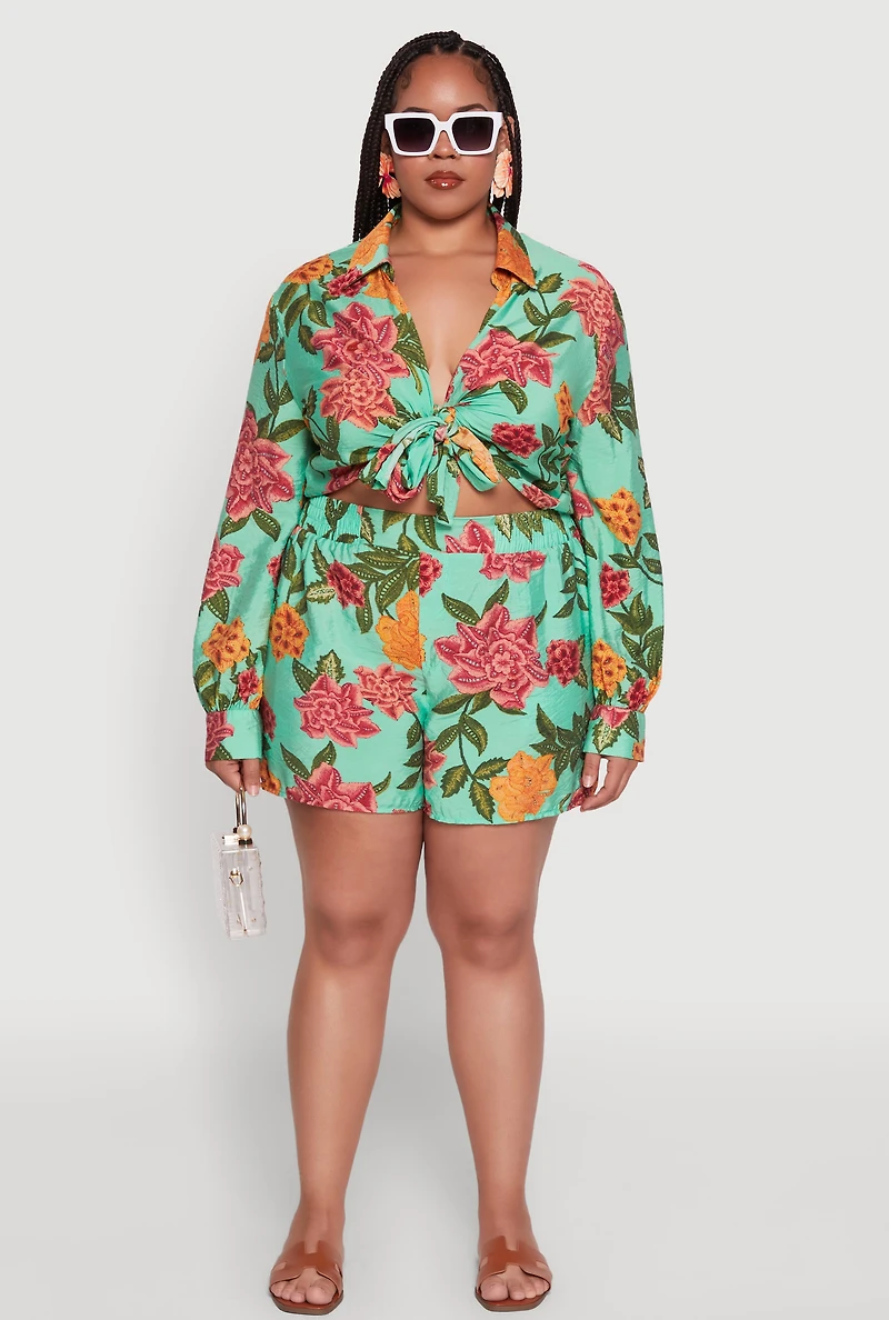 Womens Plus Size Floral High Waisted Pull On Shorts, Multi, Size 2X