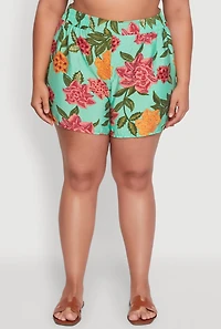 Womens Plus Size Floral High Waisted Pull On Shorts, Multi, Size 3X