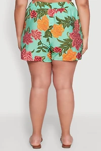 Plus Floral High Waisted Pull On Shorts