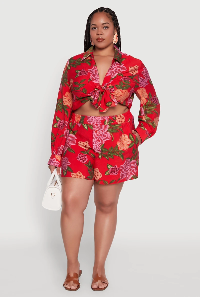 Womens Plus Size Floral High Waisted Pull On Shorts, Red, Size 2X