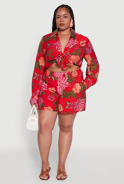 Womens Plus Size Floral High Waisted Pull On Shorts, Red, Size 2X