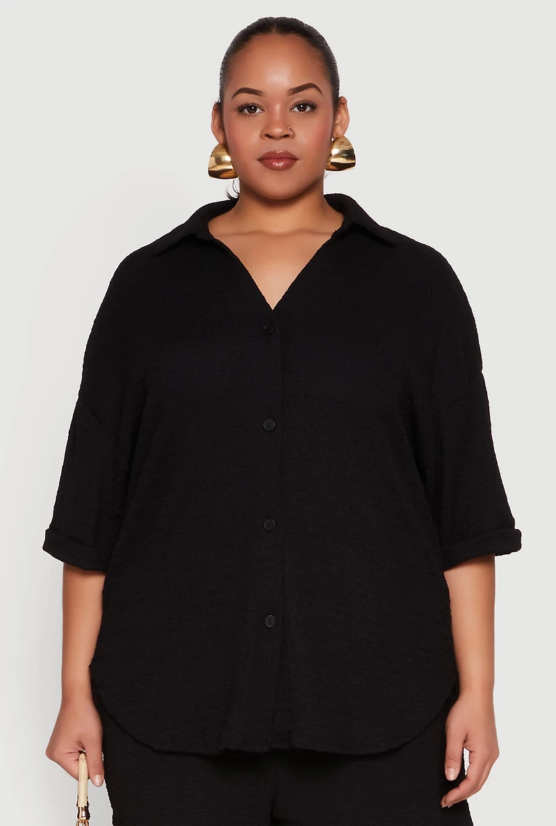 Womens Plus Textured Knit Oversized Shirt,