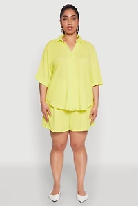 Womens Plus Textured Knit Oversized Shirt, Yellow,