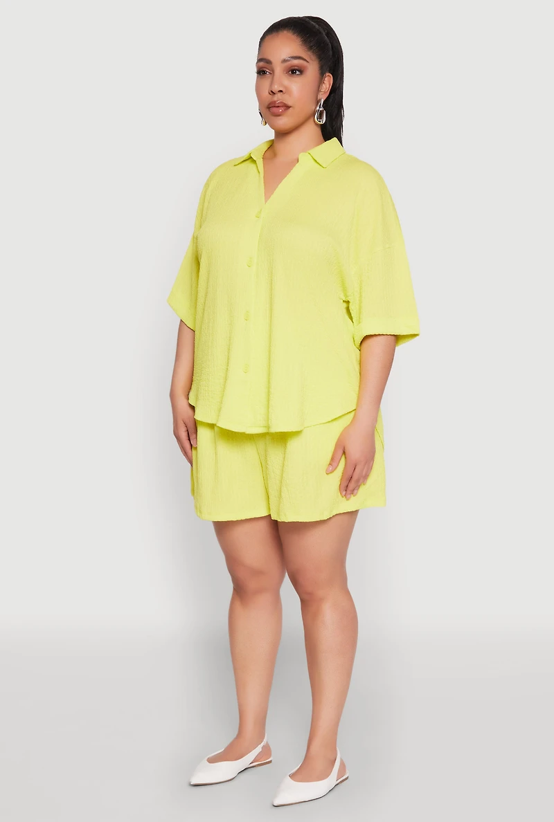 Womens Plus Size Textured Knit Oversized Shirt, Yellow, Size 3X