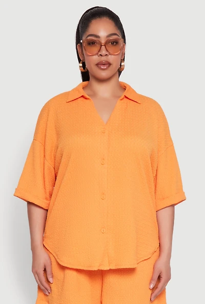 Womens Plus Size Textured Knit Oversized Shirt, Orange, Size 1X