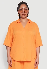 Womens Plus Size Textured Knit Oversized Shirt, Orange, Size 1X