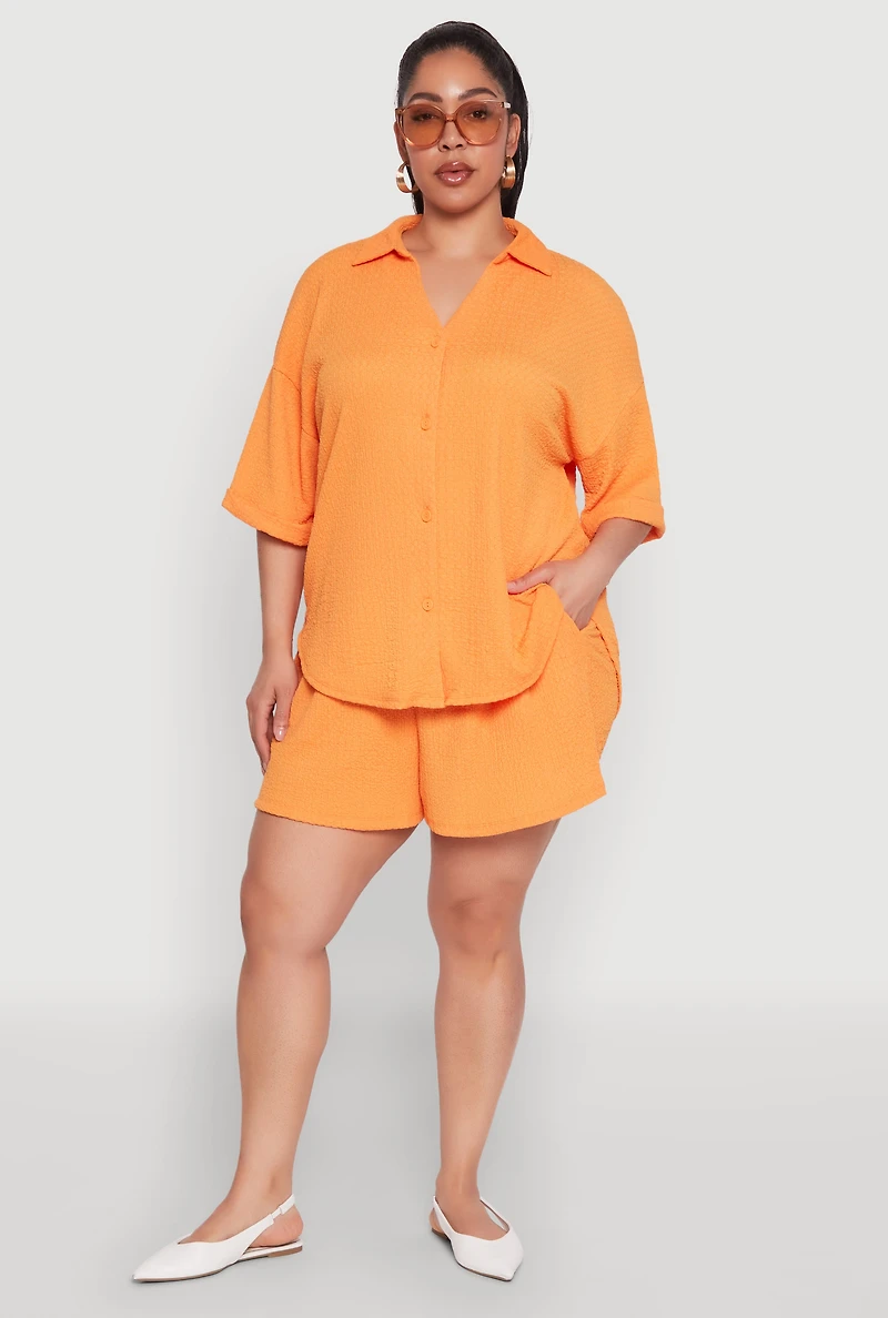 Womens Plus Size Textured Knit Oversized Shirt, Orange, Size 2X