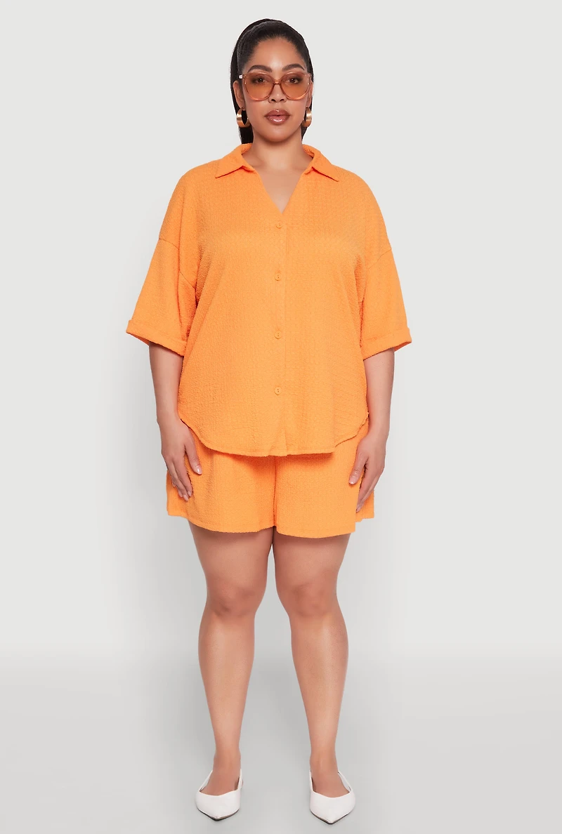 Womens Plus Size Textured Knit Oversized Shirt, Orange, Size 1X
