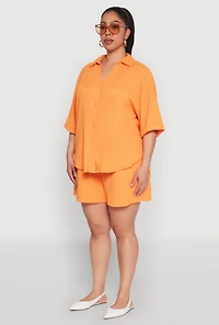 Womens Plus Size Textured Knit Oversized Shirt, Orange, Size 1X